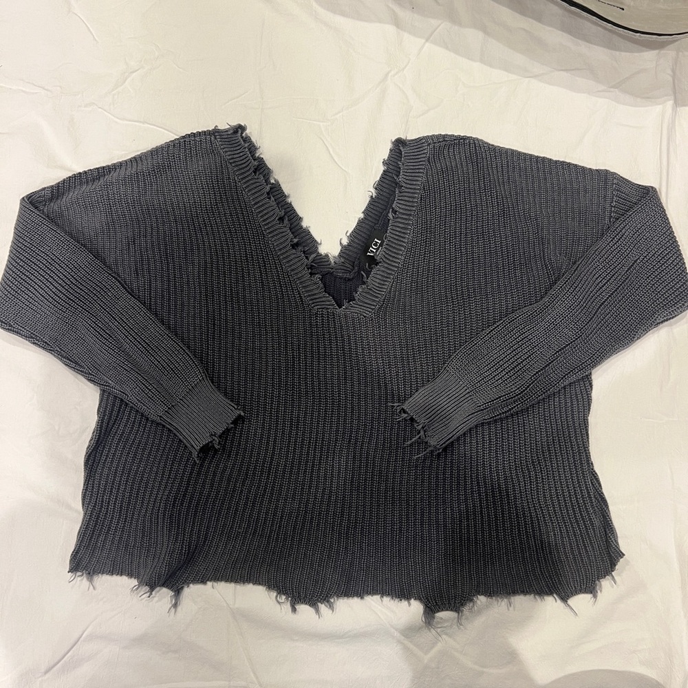 Vici Charcoal V-Neck Distressed Sweater
